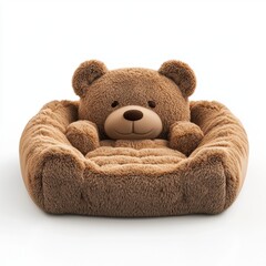cozy teddy bear-shaped bed in soft brown tones with fluffy textures, isolated on a clean white background