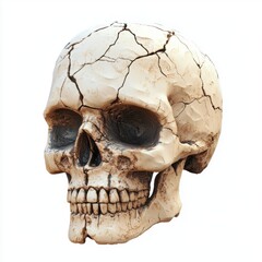 Obraz premium cracked skull with weathered details, symbolizing ancient remains, isolated on a bright white background