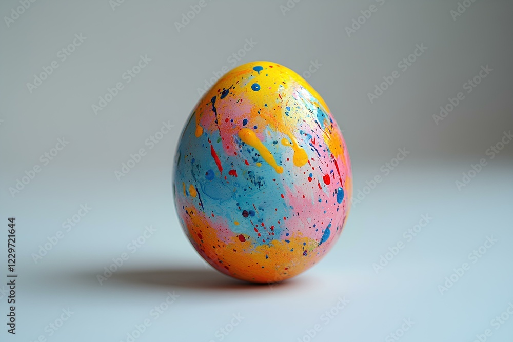 Poster a multicolored easter egg with chaotic splashes of paint, lying on its side on a pristine white surf