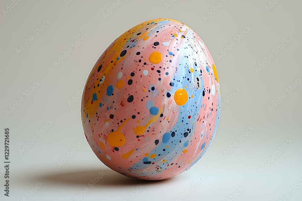 Poster a multicolored easter egg with chaotic splashes of paint, lying on its side on a pristine white surf