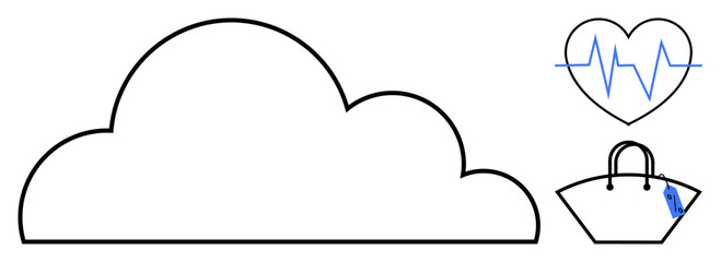 Cloud outline, heart with EKG line, and shopping bag with price tag represent modern tech themes. Ideal for cloud computing, healthcare, e-commerce, tech lifestyle, internet connectivity, smart