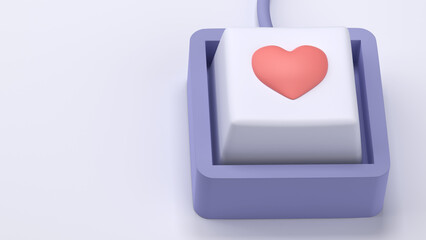 A close-up of a computer keyboard with a red heart symbol on one key. The button represents love, likes, favorites, online relationships, social media engagement, and digital appreciation.