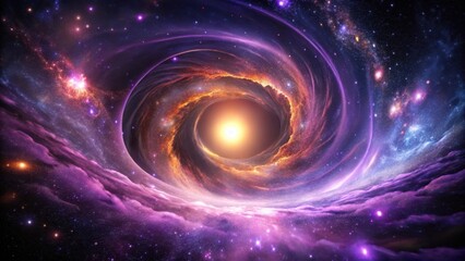 Cosmic Vortex Swirl - Dark purple vortex swirling through a broken cosmic background with shattered stars and galaxies, surrounded by a halo of shimmering light, cosmic destruction, celestial chaos