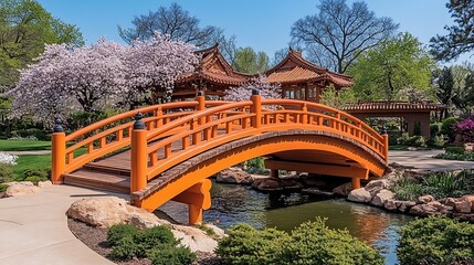 A canopy of cherry blossoms over a quiet wooden bridge in a peaceful garden