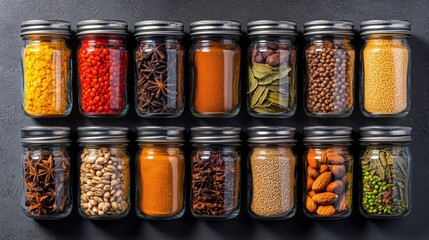 Collection of jars filled with various types of food in a neat arrangement on a wooden surface