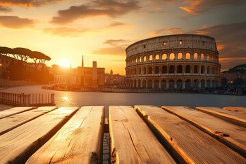 A warm-toned wooden tabletop set in a historic square, with the Colosseum standing proudly in the background against a twilight sky 