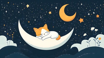 A flat illustration for World Sleep Day featuring a night sky filled with crescent moons, twinkling stars, and a sleeping cat curled up on a crescent moon, rendered in harmonious shades of navy, white