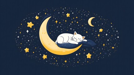 A flat illustration for World Sleep Day featuring a night sky filled with crescent moons, twinkling stars, and a sleeping cat curled up on a crescent moon, rendered in harmonious shades of navy, white