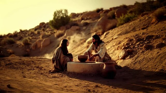 Jesus Christ's conversation with the Samaritan woman at the well. Gospel event, biblical times. For Christian publications