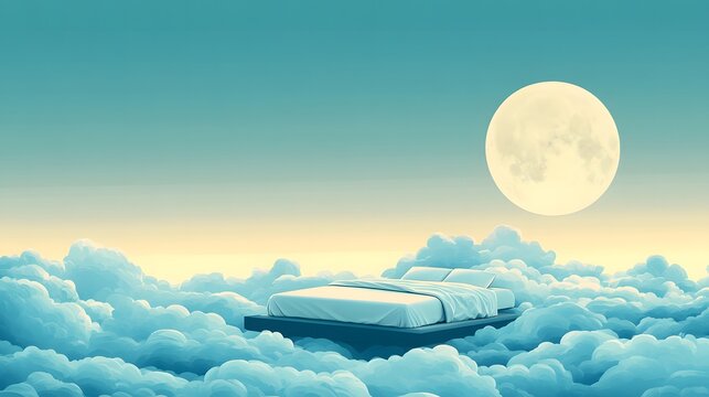 A calming flat illustration for World Sleep Day, featuring a cozy bedroom scene with a crescent cloud and moon 