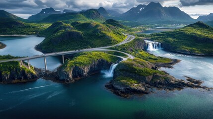 Scenic coastal highway bridge, waterfall, mountains, Norway