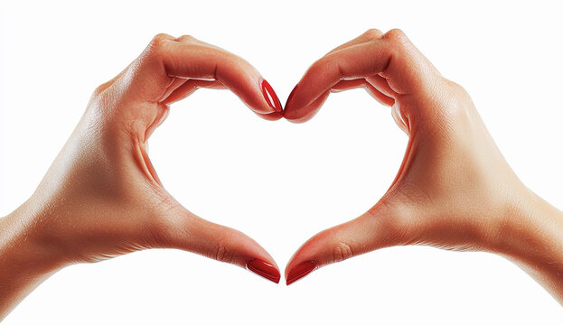 manos de mujer sobre fondo blanco, formando un corazon con los dedos como simbolo de amor y felicidad