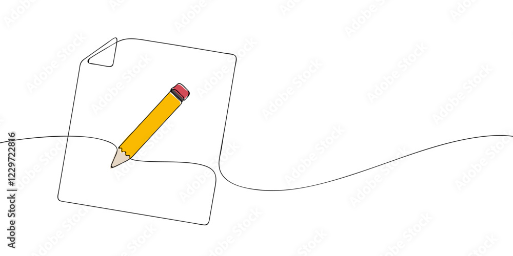 Poster a single line drawing of a graphic file. continuous line file with pencil icon in color. one line ic