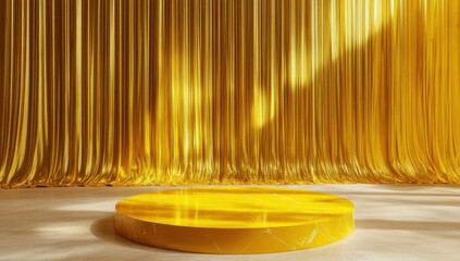 Golden Stage: Luxurious Yellow Marble Podium Against a Shimmering Gold Curtain Backdrop