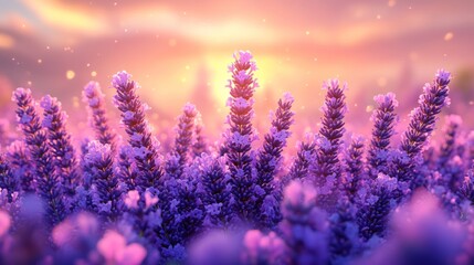 Obraz premium Vibrant lavender field at sunset with soft lighting effects