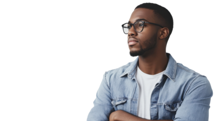 Thoughtful young man in casual denim jacket with glasses poses against a clean white background