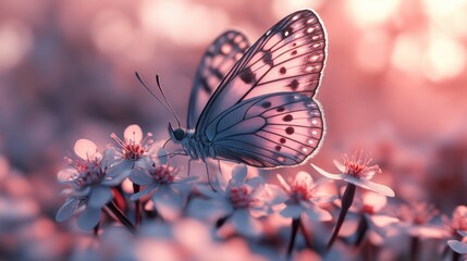 Delicate butterfly resting on pink flowers in soft sunlight