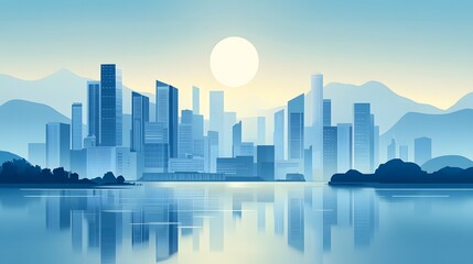 Obraz premium A creative flat illustration for World Water Day, featuring a cityscape with a water reservoir in the foreground, showcasing clean water and sustainable living, in a balanced palette of blues
