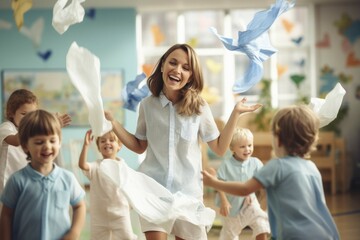 Kindergarten, children playing happily with kindergarten aunt having fun, AI generated