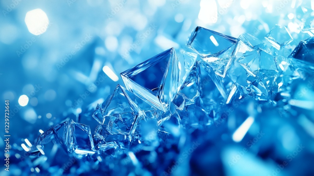 Poster jagged blue shards of glass scattered randomly across light abstract background forming sharp geomet
