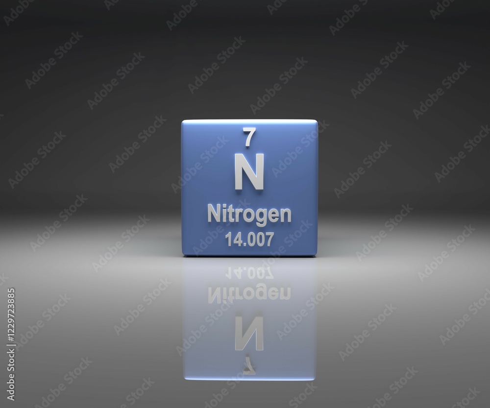 Poster cube with nitrogen number 7 periodic table, 3d rendering