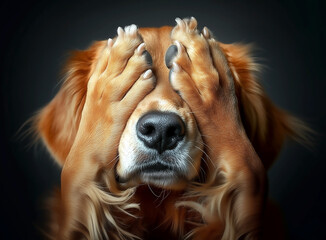 Golden retriever dog covering its eyes with paws, hiding and playing peekaboo on a black background