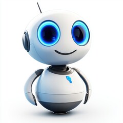 Fototapeta premium friendly robot with a round white body, blue glowing eyes, and a digital smile, isolated on a clean white background