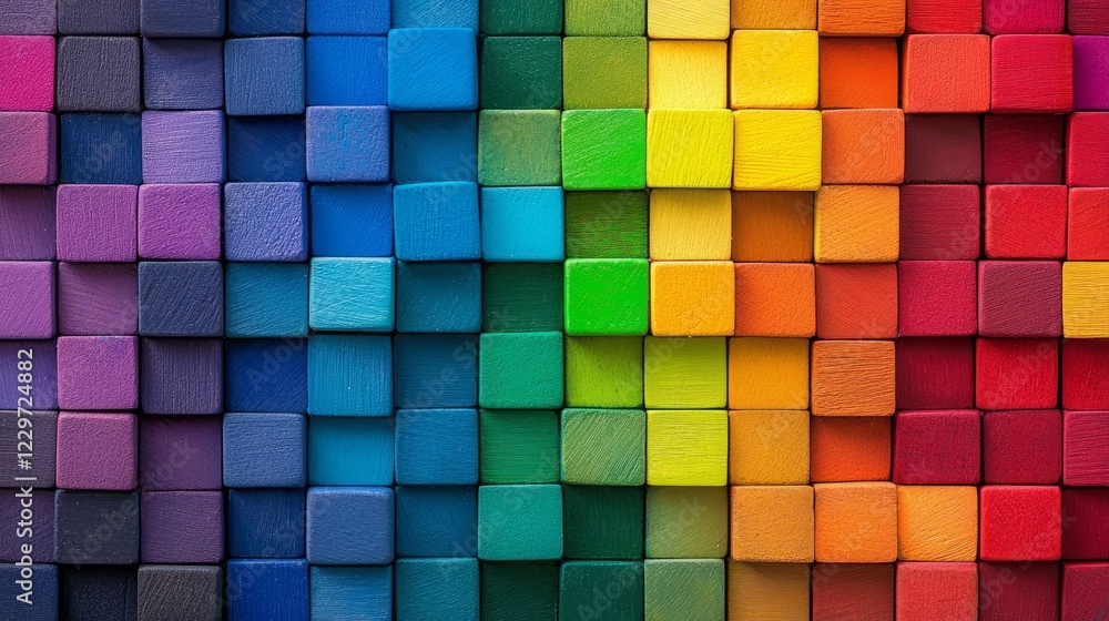 Poster a colorful wall made of wooden blocks. the blocks are arranged in a rainbow pattern. the wall is mad