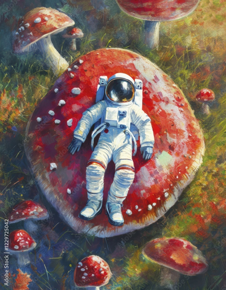 Poster astronaut lay down on big red mushroom on another planet in space, among a field with colorful fungi