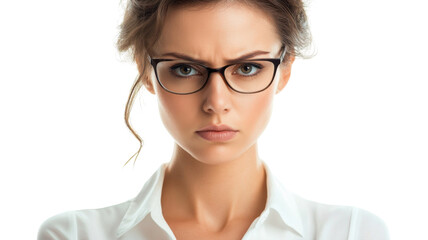 Obraz premium Confident woman with glasses displaying a serious expression in a bright indoor setting