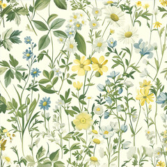 Wild flowers pattern with daisies and meadow plants on light background