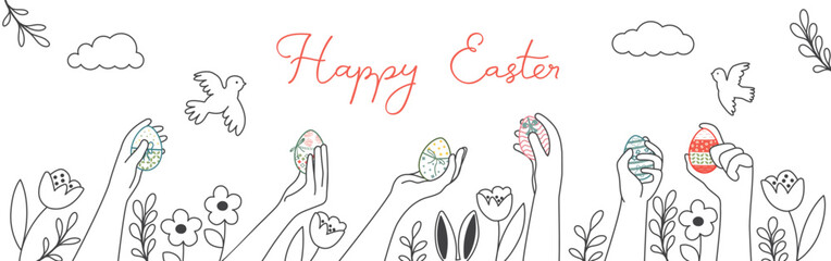 Happy Easter Horizontal Hand-drawn Easter Doodle background. People holding Easter eggs, Easter bunny ears, flowers, birds. Vector festive background for wrapping paper, banner, greeting card, poster