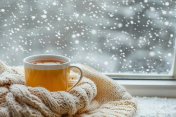 Cozy tea by frosted window with knit scarf. Neural network AI generated