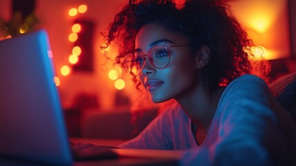 Young woman focused on laptop in cozy, illuminated room