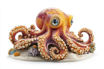 Obraz premium Large orange octopus figurine on sandy base, with coral.
