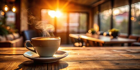 Fototapeta premium Warm Morning Light Illuminates Steaming Coffee Cup on Rustic Wooden Table in Cozy Cafe Setting