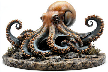 Detailed octopus sculpture, perched on rocky base, eight arms curled.