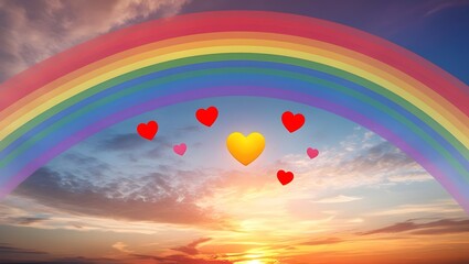 romantic sunset with rainbow sky and floating hearts for use in love themed visuals