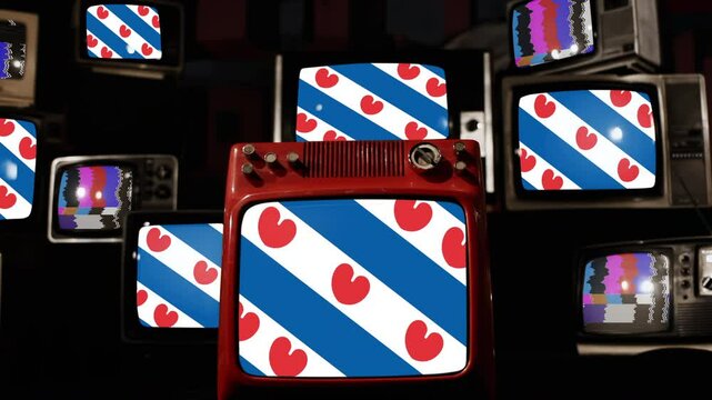 Flag of Friesland, Netherlands Displayed on Retro TVs &ndash; 4K