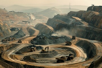 View of heavy equipment working in a coal mine. Neural network ai generated