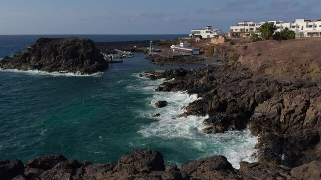 View of the coastline and harbour entrance at El Cotillo, Fuerteventura.