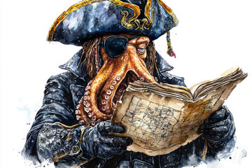 Octopus pirate captain studies an antique map.
