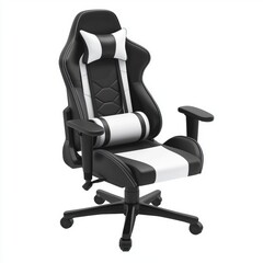 compact gaming chair in black and white leather with an ergonomic design, isolated on a clean white background