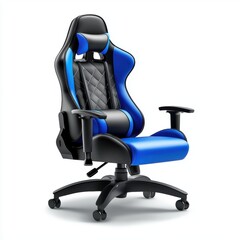 compact gaming chair in black and blue leather with an ergonomic design, isolated on a clean white background