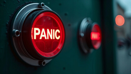 Panic button glowing red color, close-up view with textured background for design concept