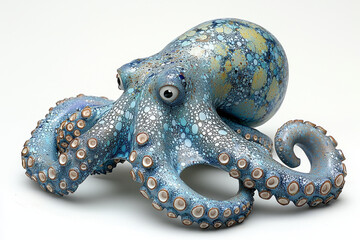 Obraz premium Blue ceramic octopus sculpture, speckled with white and gold, detailed tentacles.