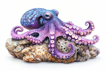 Obraz premium Purple octopus resting on a textured rock.