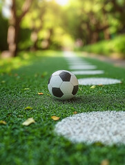 Fototapeta premium Soccer ball rests on grassy path.