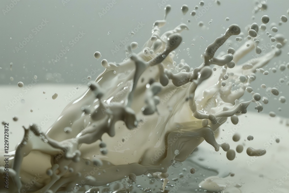 Poster white milk is splashing, creating droplets and a dynamic shape against a neutral background