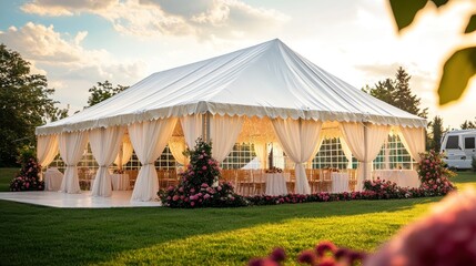 Elegant white wedding tent in garden.